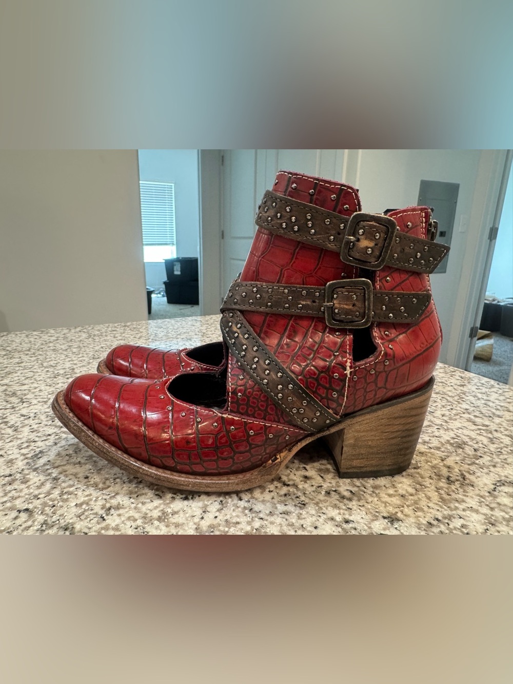 Freebird Saphire Red Croc-Embossed Ankle Booties with Studded Straps - Picture 2 of 6